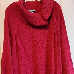 Catherine's Burgundy Split-Cowl Neck Cable Knit Cotton Sweater-5X-EUC